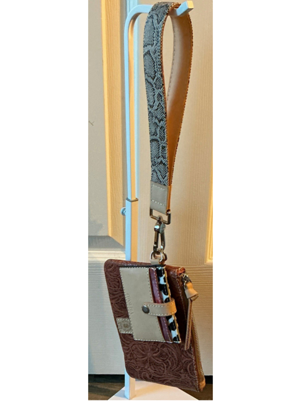 Consuela Sally Combi Wristlet Wallet Brown Tooled Leather Snake Print
